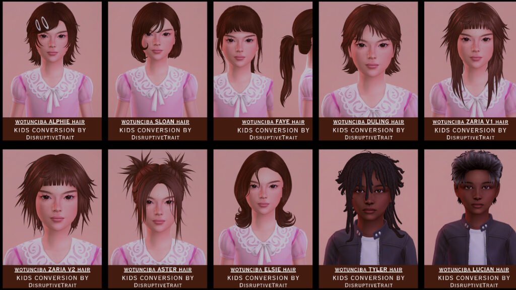 Wotunciba adult to child hair conversions Sims 4